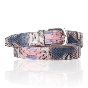 Python leather belt, blue, pink, natural