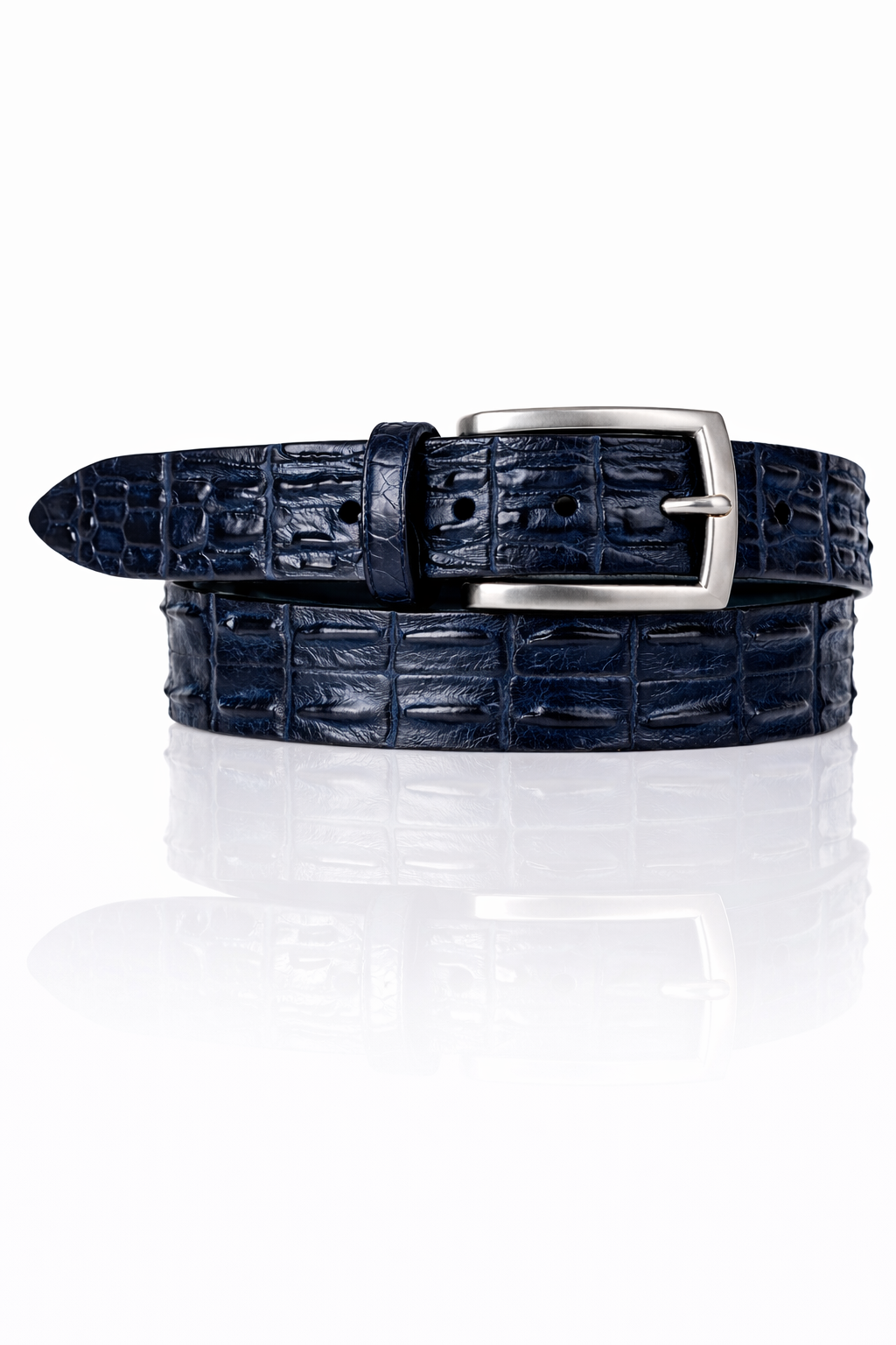 Exclusieve Ambachtelijke Riccamente Croco leren riem, Zilveren gesp, Napoli Donkerblauw