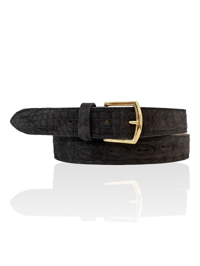 Exclusieve Riccamente Croco Nubuck lederen riem Bellagio Zwart, Gouden gesp