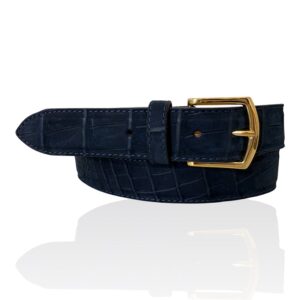 Exclusieve Riccamente Croco Nubuck lederen riem Bellagio donkerblauw, Gouden gesp