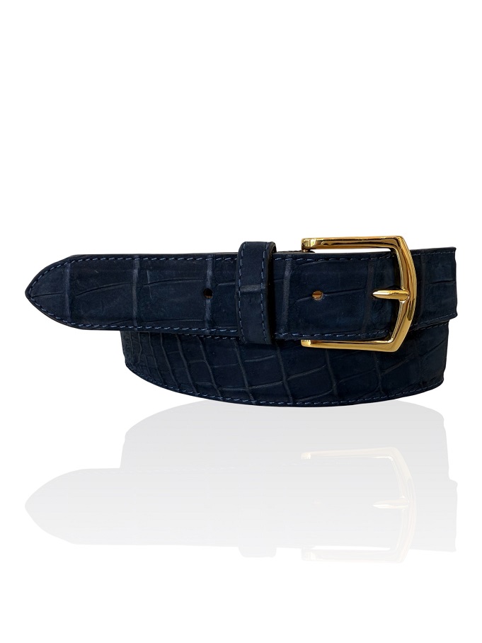 Exclusieve Riccamente Croco Nubuck lederen riem Bellagio donkerblauw, Gouden gesp