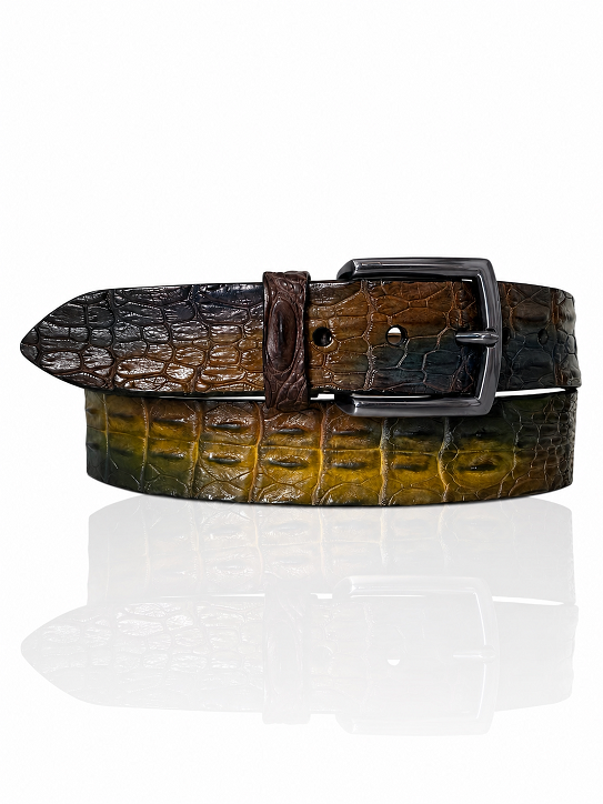 Special Handpaint Croco leren riem Gunmetal Gesp, Massimo Blauw, Bruin, Camel
