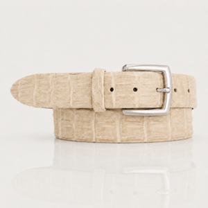 Premium Riccamente Croco leren riem, Zilveren Gesp, Beige Creme