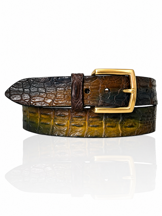 Special Handpaint Croco leren riem Gouden Gesp, Massimo Blauw, Bruin, Camel