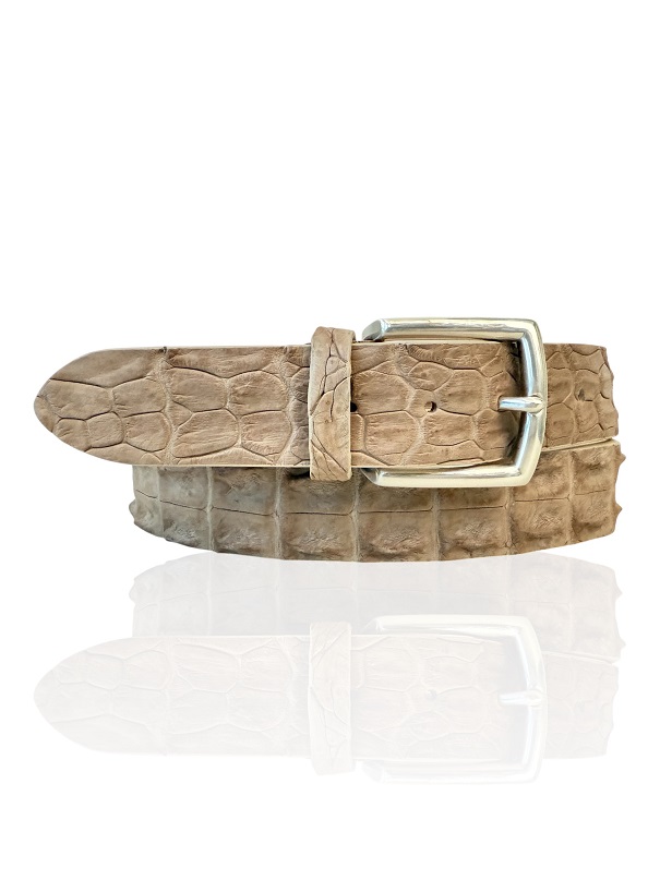 Premium Riccamente Croco leren riem, Zilveren Gesp, Beige Creme